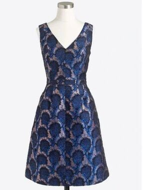 J. Crew Navy Blue and Black Floral Jacquard Midi Dress